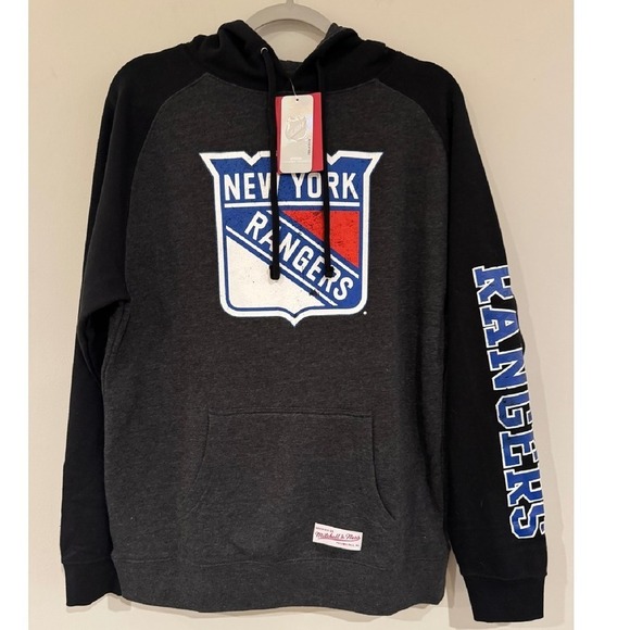 New York Rangers Mitchell & Ness Distressed Logo Raglan‎ Hoodie Heather Black M